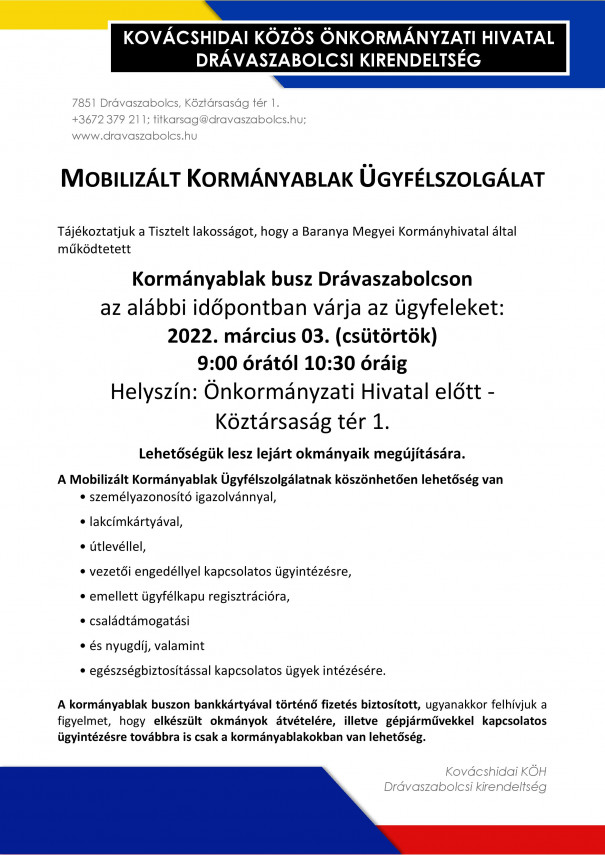 kormányablak busz Drávaszabolcson 2022. március 3-án