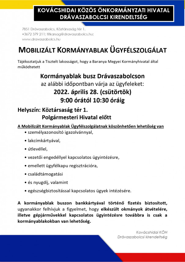 Mobilizált Kormányablak Ügyfélszolgálat 2022. április