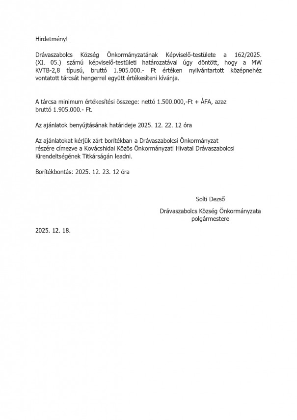 hirdetmény ajánlattételi felhívás